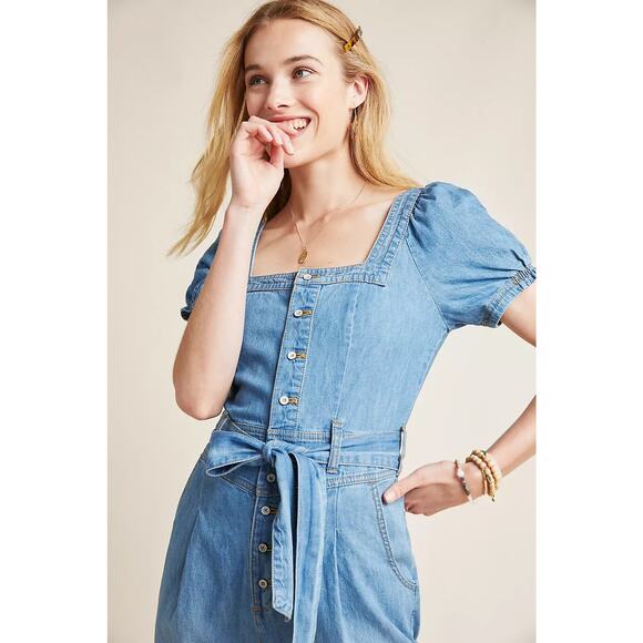 Anthropologie Pilcro Womens Blue Square-Necked Denim Jumpsuit US 8P - Picture 3 of 11
